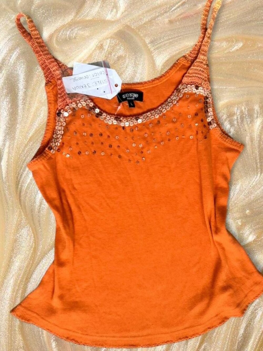 Deadstock Y2K Gold Sequin Orange Knit Japanese Tank Top by Tokyo Denim | Ibiza